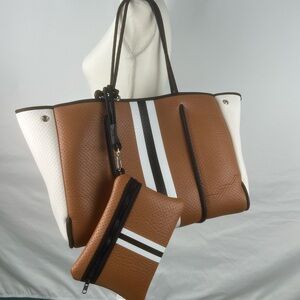 Haute Shore GREYSON  Neoprene Tote Purse Camel Brown Striped Bag With Pouch EUC